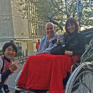 Affinia General Manager Craig Parker and his wife Kate taking a comfy rickshaw tour around Tokyo